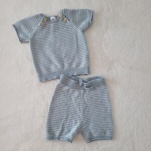 🧸2/20$ H&M Kids Striped Blue Knit Set Short And Top Baby Size 6-9M